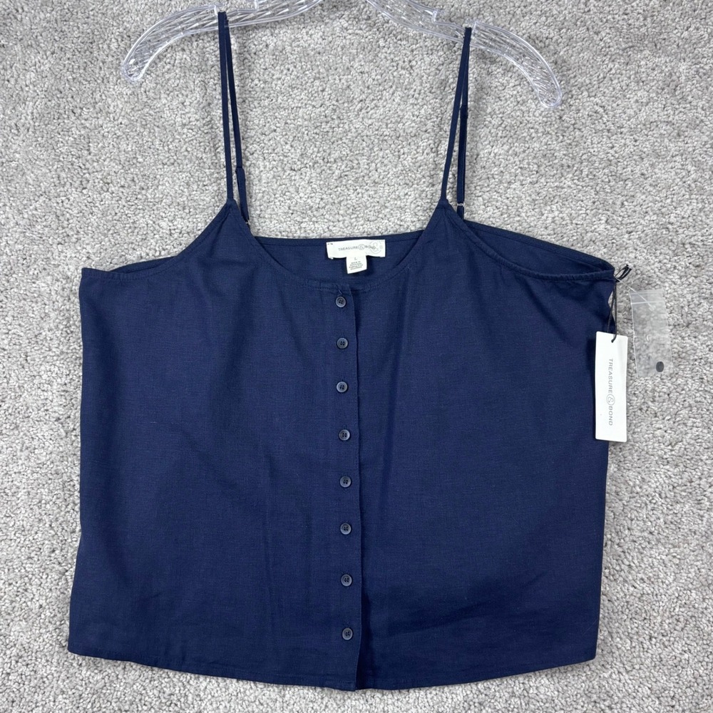 Treasure & Bond Womens Navy Blue Linen Blend Button Front Cami Large NEW